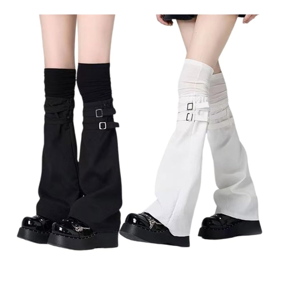 Voncyki Women's White Aesthetic Solid Color Leg Warmer Long Socks For Punk Buckled Strap Fastener Flared Leg Sleeves Streetwear(White)