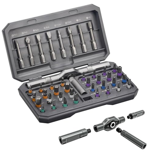 Juego de Destornilladores 42 en 1 Magnético, con Trinquete, Puntas S2 Acero, Empuñadura en T Extraíble, Maletín de Almacenamiento, Para Ensamblaje Muebles, Bicicleta y Electrónica