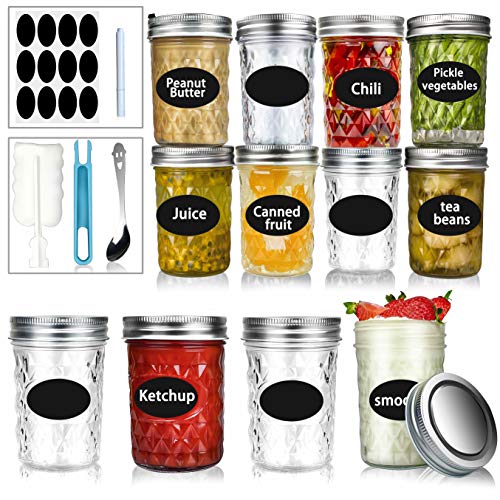 12 Pack Mason Jars 8 OZ Mini Canning Jars With Regular Silver Mouth for Diy Jam Honey Dry Food Small Mason Jar Clear Glass Container With Airtight Lids with 12 labels