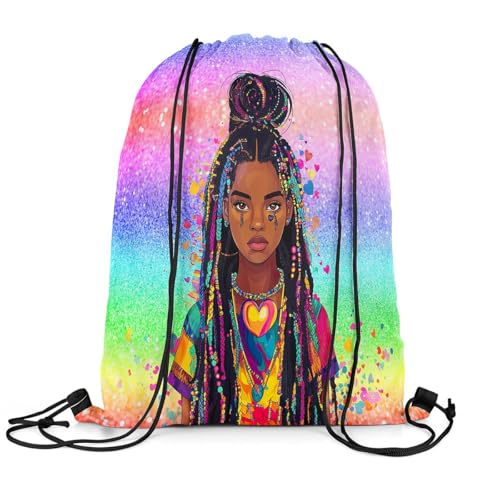 Image of jejeloiu Cute Black Drawstring Backpack 13x15.7inch African American Waterproof Gym Drawstring Bags Colorful Sports String Backpack Beach Swim Travel Bag Sackpack(No Glit