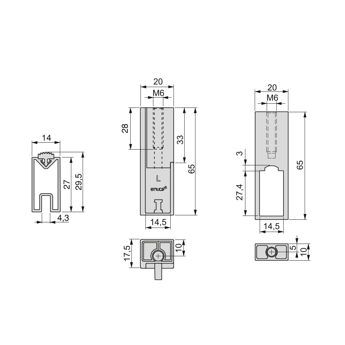 Emuca - Kit de barra para armario Luxe, 1,15 m, Titanio, Aluminio y Plástico, 1 kit
