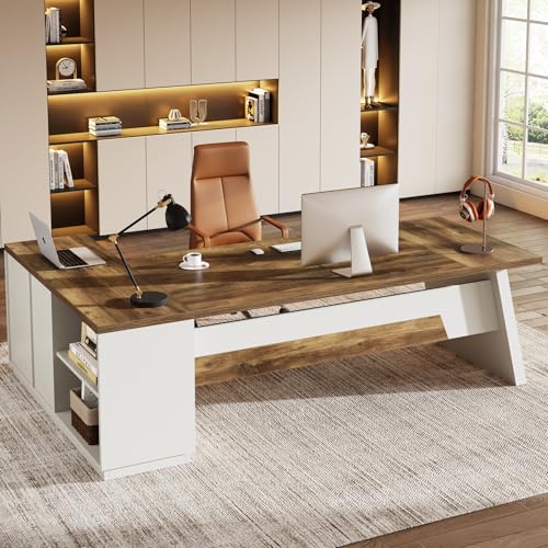 Image of Tribesigns 78 inch L-Shaped Executive Desk, Large Modern Office Desk with Drawers and Lateral File Cabinet, Business Furniture with Storage Shelves, Big Computer Desk for Home Office (Brown + White)