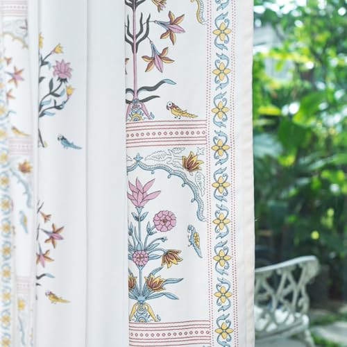 Image of Tranquebar Curtain Co. Cotton Curtains 7 Feet Long Set of 2, 60-65% Room Darkening, Pink Ethnic Curtains Floral Print, Door Curtains 7 Feet Set of 2, with Eyelet, Sashi (213 cm) - Set of 2
