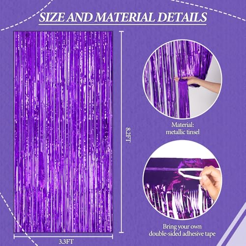 Image of DECOCKRAT 3 Pack Foil Fringe Backdrop - Purple Shiny Tinsel Curtains for Party Decoration /Photo Booth Props - 3.3x8.2 FT Metallic Foil Backdrop for Birthday, Wedding, Graduation, Christmas.