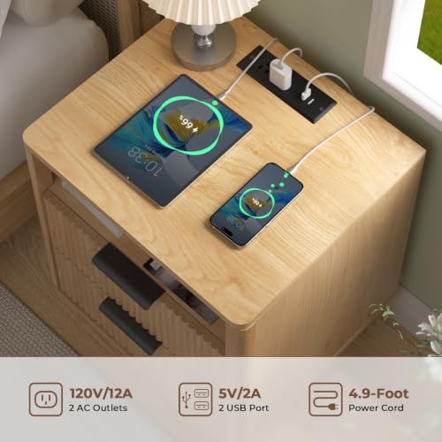 HOMMPA 18'' Fluted Nightstand with Charging Station, Modern Bedside Table, 2 Drawer Bed Side End Table with Open Compartment & 4 Support Legs, Wood Night Stand for Bedroom, Curved Profile Design - image 3