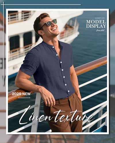 2 Pack Men's Short Sleeve Linen Shirts, Button Down Cotton Beach Vacation Casual Summer Tees2