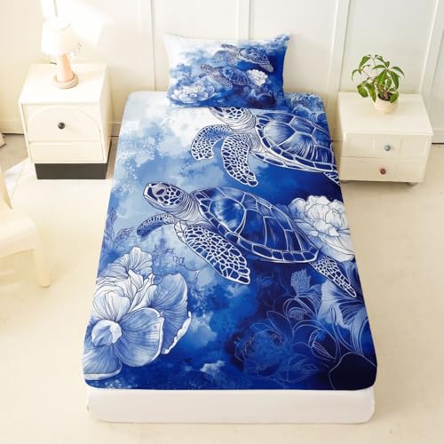 Image of jejeloiu Sea Turtle Bed Sheets Set Full Size Blue Flowers Deep Pocket Fitted Sheet Ocean Bedding Sets Reptile Tortoise Soft Bed Set 4Pcs with 2 Pillow Cases