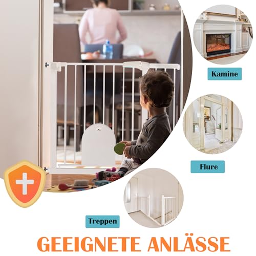 Aufun Treppenschutzgitter Türschutzgitter Kinder ohne Bohren, für 75-85 cm breit, Türgitter mit Druckbefestigung, selbstschließend, Metall Gitter, Hundesicherheitsgitter mit Katzenklappe (Weiß)
