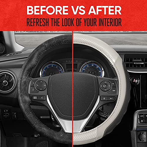 Image of Motor Trend UltraSport White Carbon Fiber Steering Wheel Cover, Standard 15 inch Size, Black Faux Leather Comfort Grip, Car Steering Wheel Cover for Auto Truck Van SUV