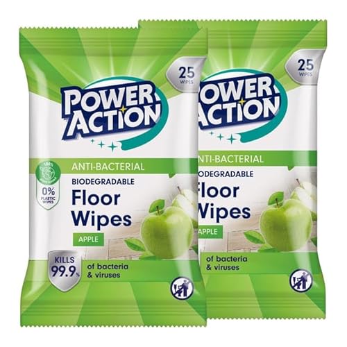 Power Action Floor Wipes, Apple Scent, Biodegradable, 25 Wipes, Pack of 2
