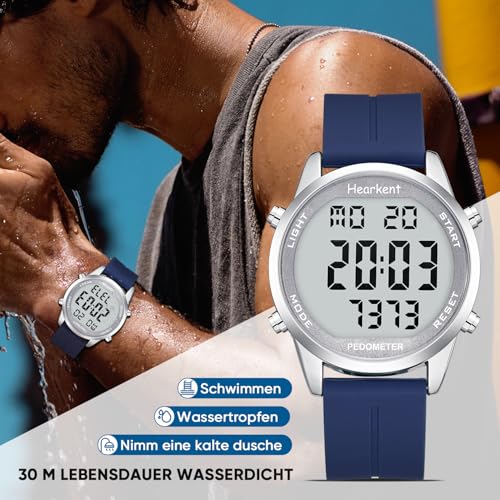 Schrittzähler Uhr Ohne Bluetooth,Ohne App Schrittzähleruhr,30M Wasserdichteuhr,LCD großen Ziffern,Freundliche Schrittzähleruhr Senioren,mit Countdown/Alarm/Kalorienzähler(Silikagel Blau)