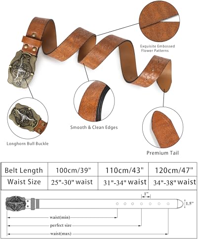 Image of UTOWO Western PU-Leather Cowboy Buckle Belt for Men and Women Jeans Engraved Floral Longhorn Bull Buckle Belt (25-38 inch waist)
