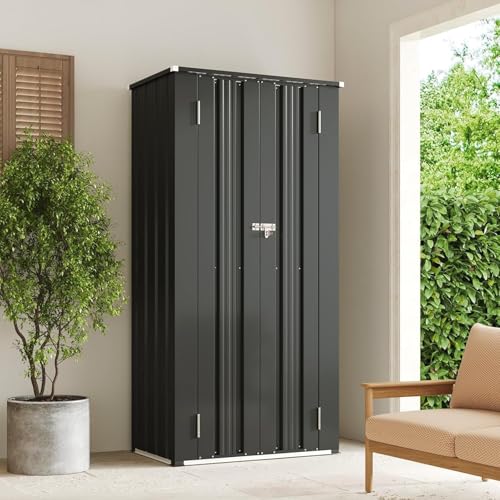 Aoxun Gabinete de almacenamiento para exteriores de 3 x 3 pies, cobertizo vertical de metal con 3 capas para exteriores, impermeable, 2 estantes ajustables para patio, jardín, garaje, color negro