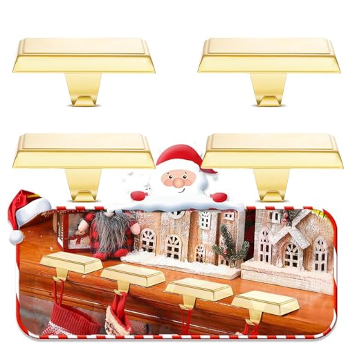 YACFUL Set of 4 Christmas Stocking Holders for Mantle Christmas Stocking Hanging Hooks Weighted Stocking Holder Bases for Holiday Xmas Fireplace Window Home Table Decor (Gold)