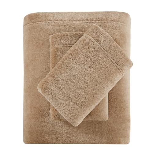 Image of True North by Sleep Philosophy Plush Sheet Set Queen, Solid Color, Warm & Soft Bedding Queen Size Sheets, Fitted Pocket Fits Up to 16 inch Mattress, Soloft, Queen Taupe 4 Piece