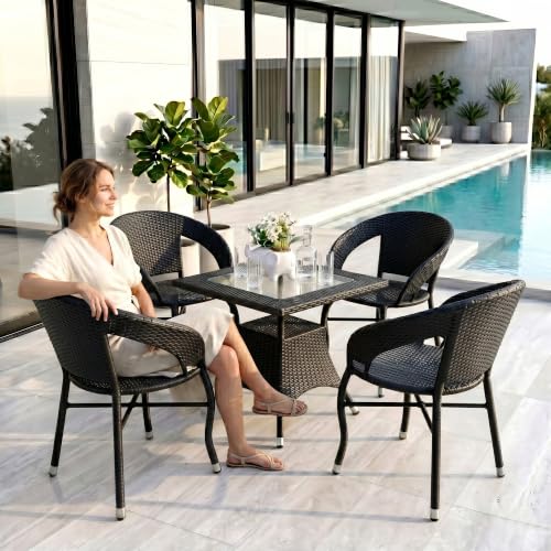 Image of BRISHI 3-Piece Outdoor Rattan Wicker Patio Square Coffee Table Set | Garden Furniture for Balcony, Terrace, Poolside & Porch | Waterproof Bistro Sets for Home & Backyard (Black)