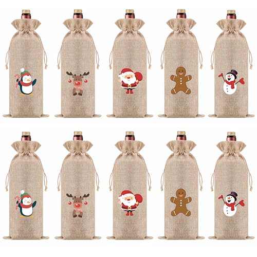 Homum 10 Pcs Christmas Premium Burlap Wine Bags and 10Pcs Gift Tags, Reusable Wine Bottle Gift Bags...
