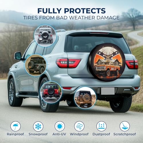 Image of GENANY Rustic Deer Vintage Truck Father's Day PVC Spare Tire Cover for RV Trailer, Country Barn Wildlife Design, Size 14 Fits 24-27 Inch