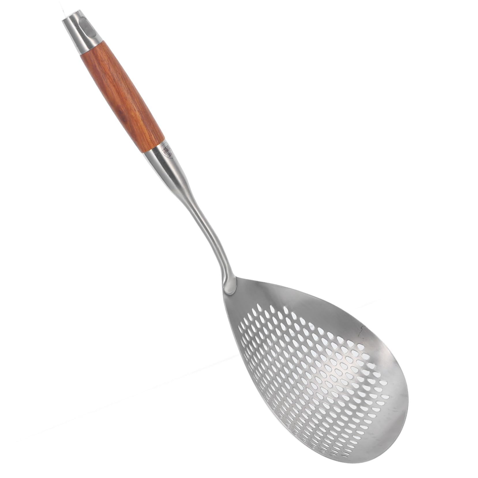 Cabilock Handheld Stainless Steel Colander Ladle with Ergonomic Rosewood Handle Multi Functional Skimmer Spoon for Draining Oil Kitchen Cooking Tool