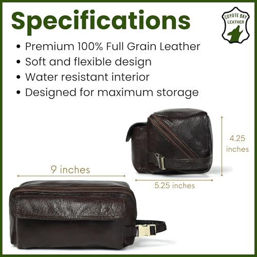 Coyote Bay® Premium Full Grain Soft Leather Makeup Bag Large 9 Inch, Travel Organizer Pouch, Shaving Kit, Cosmetics Toiletry Bathroom Organizer Kit4