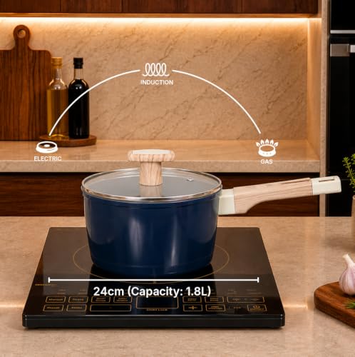 Image of Kreme Ceracook Ceramic Coated Granite Sauce Pan 1.8L /24cm with Glass Lid, ISI Certified Tea, Chai Pot, Forged Aluminium, Gas & Induction Use, Non Toxic PFAS & PTFE Free, 1 Yr Warranty, Ocean Deep Blue