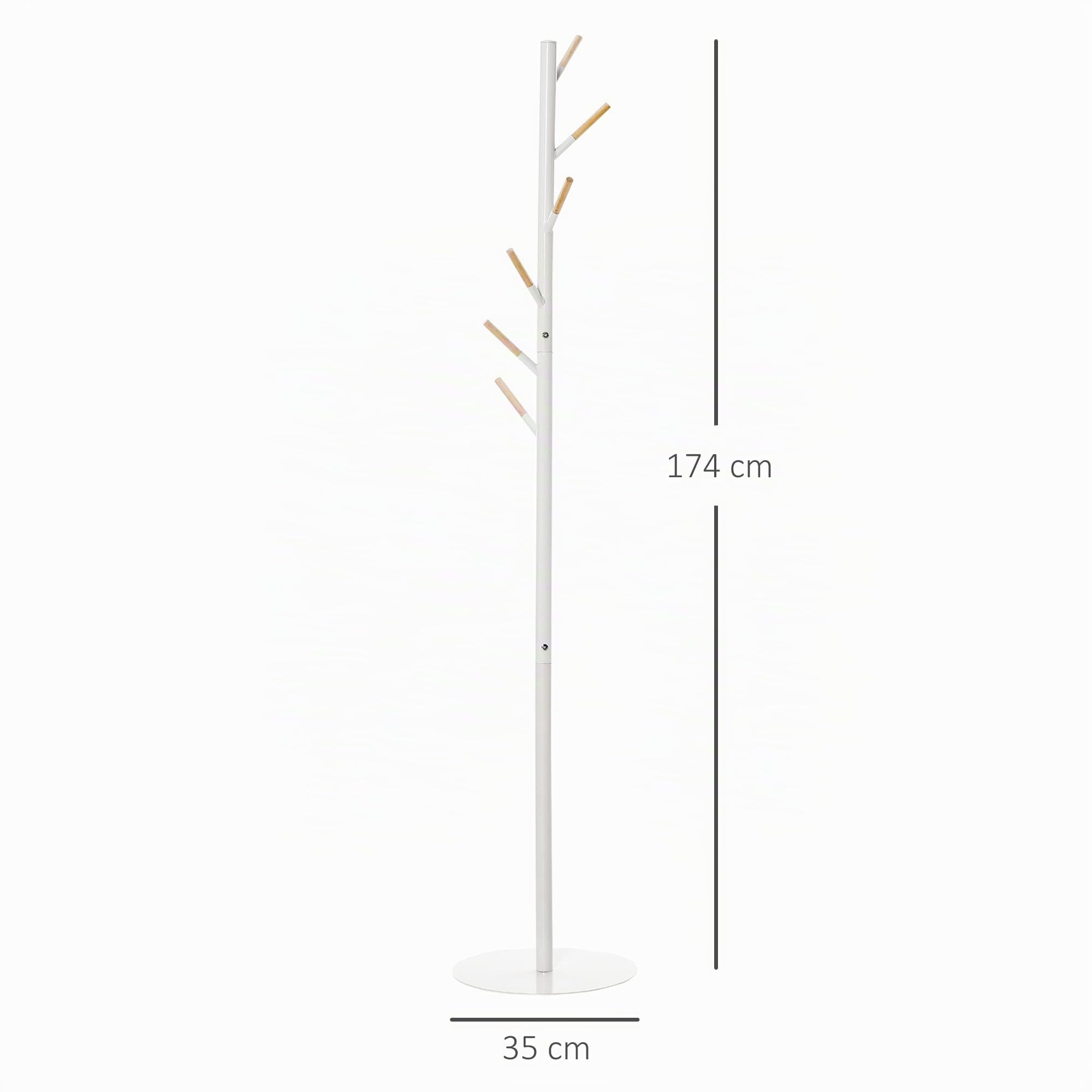 HOMCOM Perchero de Pie con 6 Ganchos de Madera Perchero de Árbol para Ropas, Bolsas y Bufandas, Marco Metálico para Dormitorio, Salón o Entrada 35x35x174 cm Blanco
