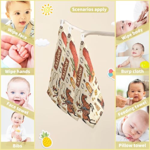 Image of Cowboy Sheriff Burp Cloths for Boys & Girls, 5 Pack Wild West Western Muslin Washcloths Newborn Face Bath Towel Soft Absorbent Cotton Wash Cloth Baby Registry, 12 x 12 Inch