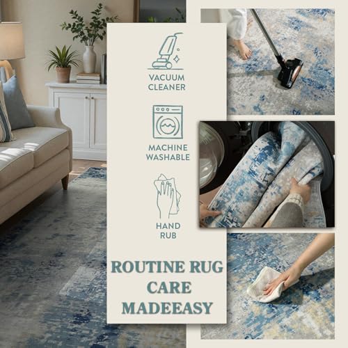 Lahome Modern Abstract 5x7 Blue Machine Washable Area Rug, Soft Bedroom Rug Non Slip Living Room Rug,Stain Resistance Dining Room Mat Carpet for Nursery Office Couch Entrance Kitchen
