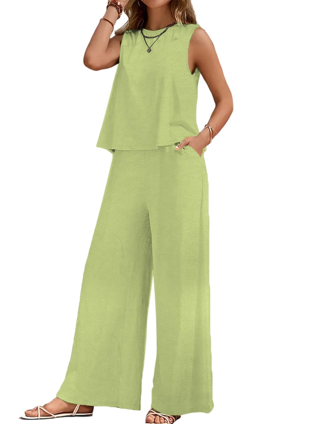 SheWill Women’s 2 Piece Outfit Loose Tank Top and Wide Leg Palazzos Pants Sets|co-ord set for women cord set for women lounge wear set for women coords set for women wear