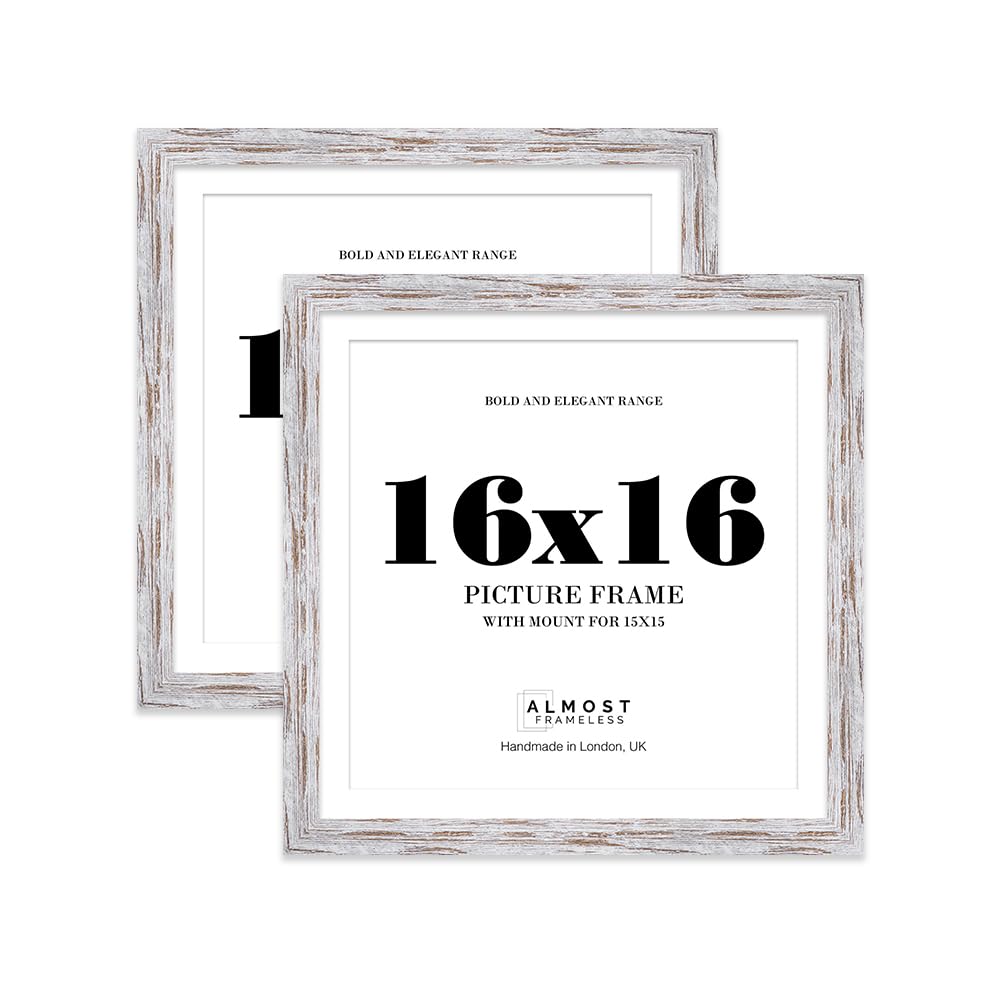 16x16" Distressed Wood Square Frame With Mount for 15x15" Pictures 28mm Edge Frame Display with Wall Hooks, 2 Pack