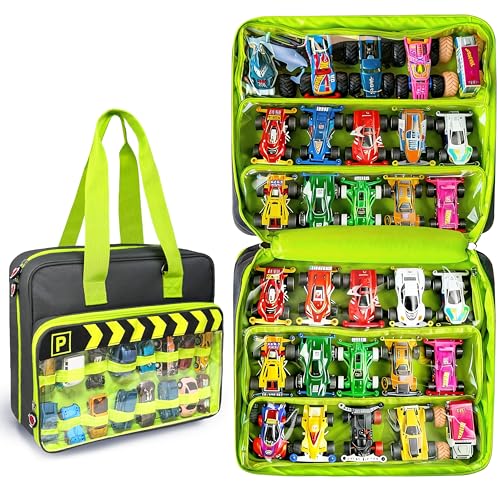 Monster Truck Carrying Case with 6 Transparent PVC Zip Bags - Holds 30pcs Hot Wheels Monster Trucks and 16pcs 1:64 Scale Mini Toy Cars, Monster Truck Storage with Handles & Shoulder Strap (grey)