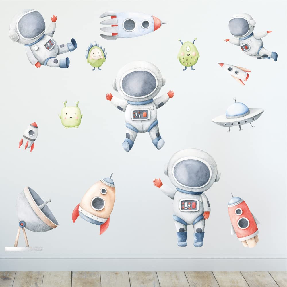 Sunnywall Wandsticker Wandtattoo Wandbild Baby Aufkleber Kinderzimmer Baby Wandaufkleber Spielzimmer (Astronaut Weltraum Rakete)