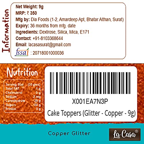 Image of La Casa Premium Edible Glitter - Copper | Metallic Glitter Ideal for Cake Icing Decoration & Garnishing | 9gm |