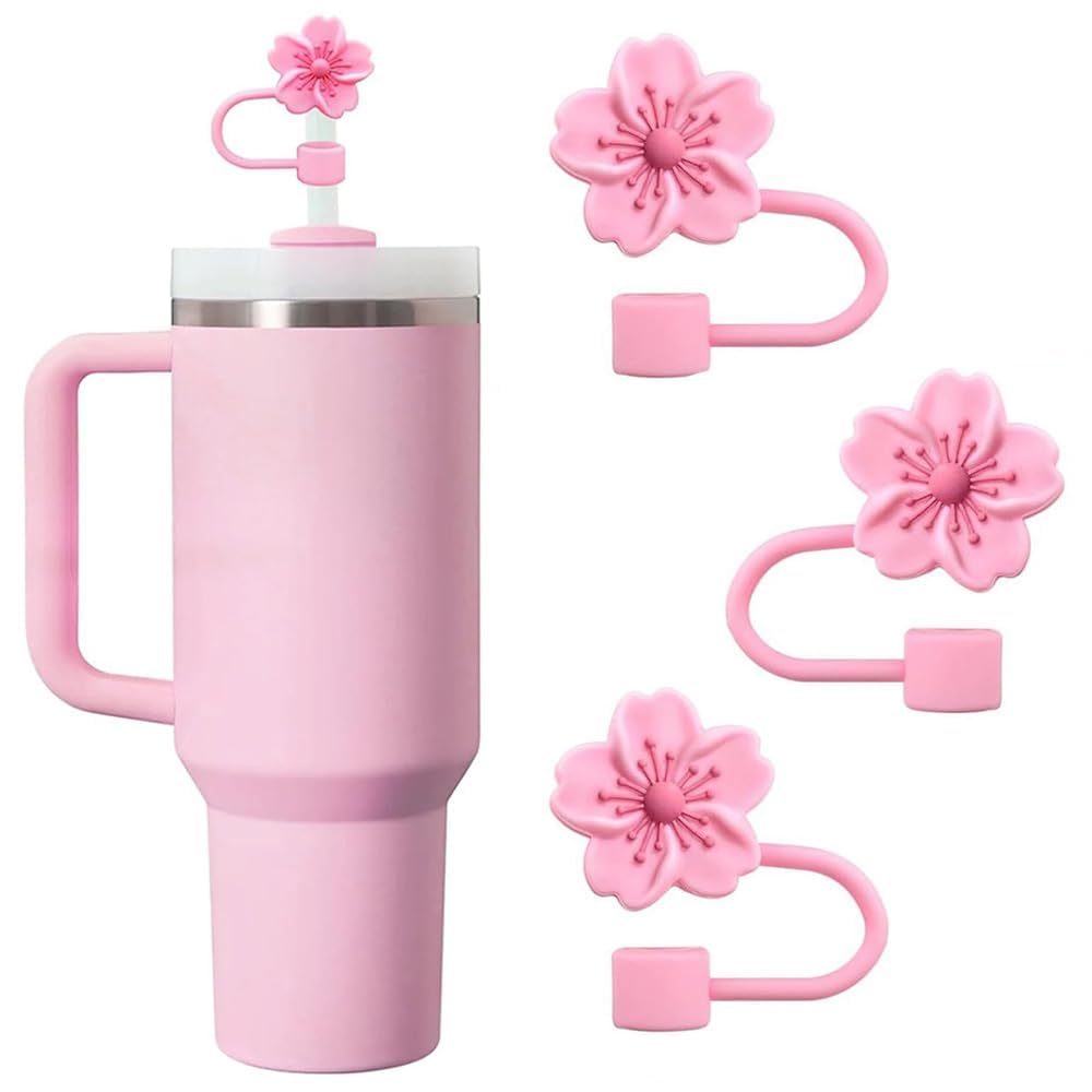 Straw Cover Cap for Stanley Cup, 3Pcs Cute Flower Straw Toppers Accessories Compatible with Stanley Cup 30&40 Oz Tumbler, Silicone Straw Tips Lids for Home and Party Decor, Pink