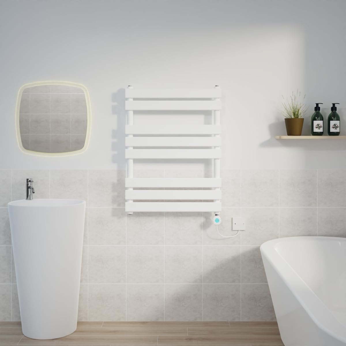Warmehaus 800x600mm White Designer Flat Panel Electric Heated Towel Rail Thermostatic Timer Bathroom Towel Radiator 400W