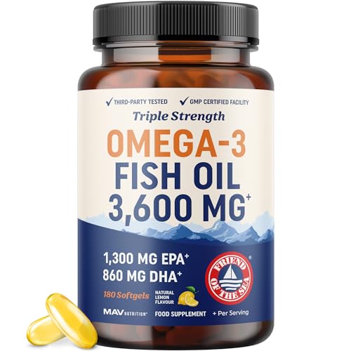 Triple Strength Omega 3 Fish Oil 3600 mg | EPA & DHA | Over 2100mg Omega-3 Fatty Acids | 1300mg EPA + 860mg DHA | Best Essential Fatty Acids | Premium Wild Caught & Burpless Fish Oil | 180 Ct