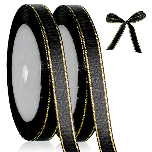 2 Rolls 50 Yards Black Satin Ribbon with Gold Edges 3/8 Inch Gold Border Fabric Ribbons for Xmas Tree Gift Wrapping DIY Crafts Christmas Decor Wreath Bows Invitations (Black)