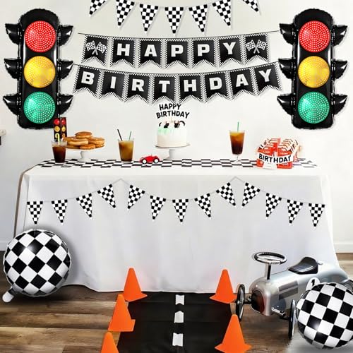 Image of Race Car Birthday Party Decorations with Traffic Light Balloons,Automobile Party Decor for Kids Include Transportation Light Balloons Happy Birthday Banner Checkered Pennant Banner Checkered Balloon