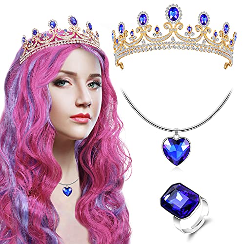 Syhood 4 Pcs Princess Costume Accessories for Women Long Wavy Pink Blue Mixed Wig Hair Net Crown Necklace Ring