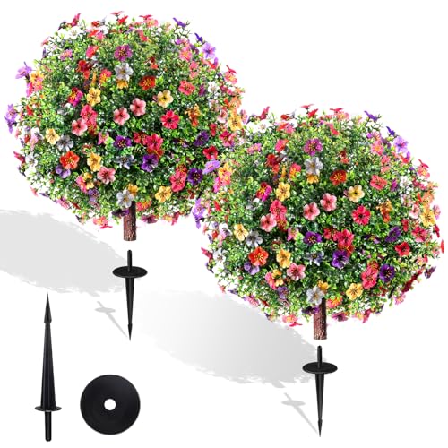 27.5' Artificial Boxwood Topiary Ball Trees with Colorful Flowers, Set of 2 Fake Bushes Shrubs with Ground Spike, UV Resistant Faux Evergreen Tree for Front Porch Outdoor Garden Decor
