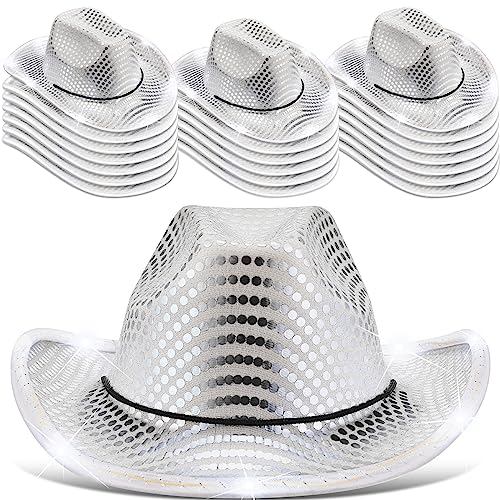 Tisancy 30 Pack LED Lights Cowboy Cowgirl Hat Flashing LED Lights Cowgirl Hat for Wedding Western Bachelorette Party (Silver)
