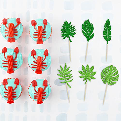 36Pcs Tropical Palm Leaves Cupcake Toppers Green Glitter Hawaii Luau Cupcake Picks Plant Leaf Summer Tropical Theme Birthday Party Cake Decorations Supplies #TOP2