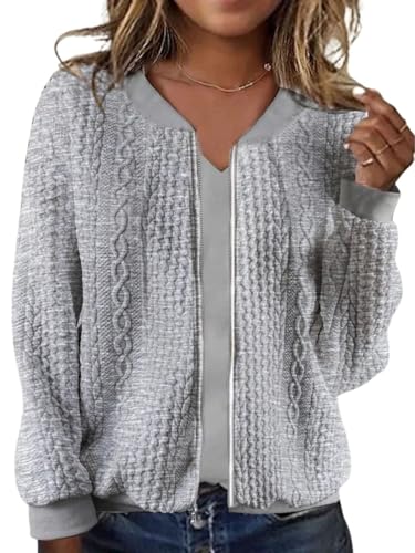 Cable Knit Zip Up Jackets for Women Long Sleeve V Neck Loose Fit Cropped Cardigan Solid Color Trendy Casual Fall Coat