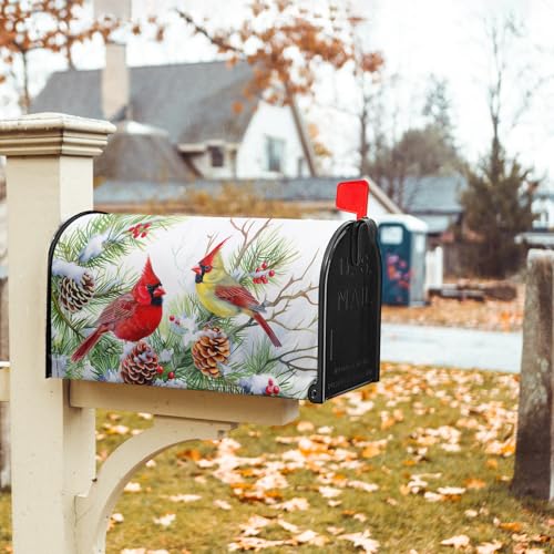 Image of Winter Birds Mailbox Cover with Magnetic Christmas Tree Holly Branches Red Berry Pine Cone Mailbox Wrap Post Cover Standard Size 21x18 Inch for Garden Yard Outdoor Patio Hew Year Decor