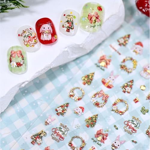 Christmas Gold Nail Stickers 5D Embossed Cute Rabbit Nail Art