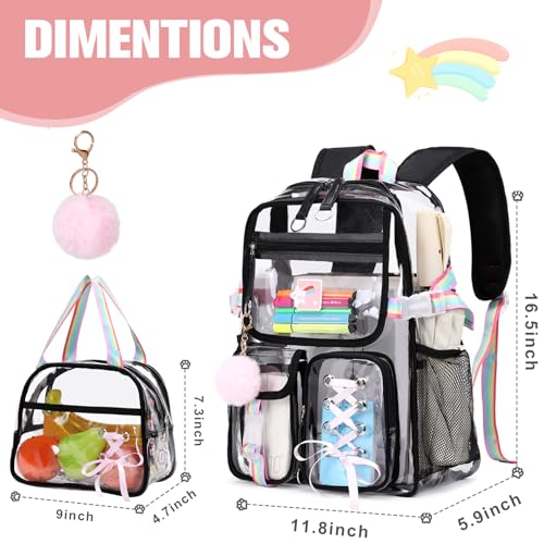 Bevalsa Clear Backpack for Girls, Transparent Backpack with Lunch Bag for Kids Elementary Middle High school Student, Heavy Duty See Through Clear Bookbag Stadium Approved (Black)2