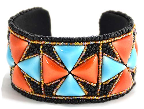 Bracelet perles porcelaine rouge turquoise jonc ouvert plat avec croix de fer