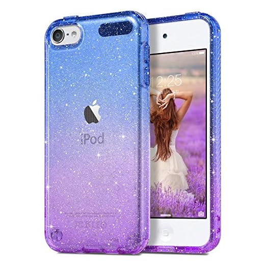ULAK Clear Gradient Glitter Case for iPod Touch 7th/6th/5th Generation, Hybrid Slim Cute Case for Girls Women, Shockproof Anti-Scratch Soft TPU Bumper Cover for iPod Touch 7/6/5, Blue+Purple