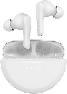 Belkin SoundForm Rhythm True Wireless In Ear Kopfhörer kabellos, integriertes Mikro, Schnellladen mit USB-C, 28 Std. Akkulaufzeit, wasserfest nach IPX5, für iPhone, iPad, Galaxy, Pixel usw. – Weiß