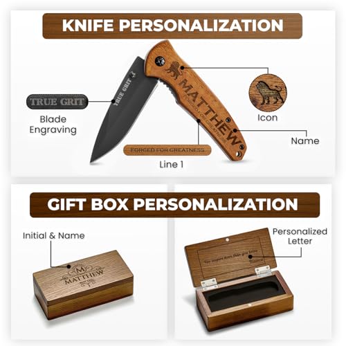 GIFTS TO ENGRAVE Custom Pocket Knife for Men, Personalized Fathers Day Gift, Engraved Hunting Knife, Wood Handle, Groomsmen & Best Man Gift - Image 3